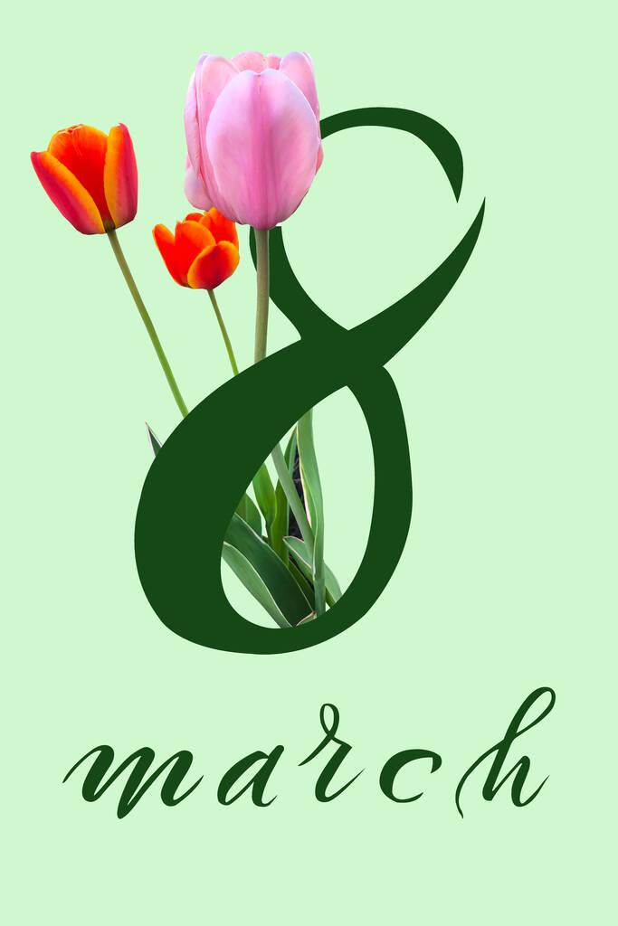 Międzynarodowy Dzień Kobiet 8 marca! Flat Lay, sztandar, kartka okolicznościowa z kwiatami z 8 marca. - Zdjęcie, obraz