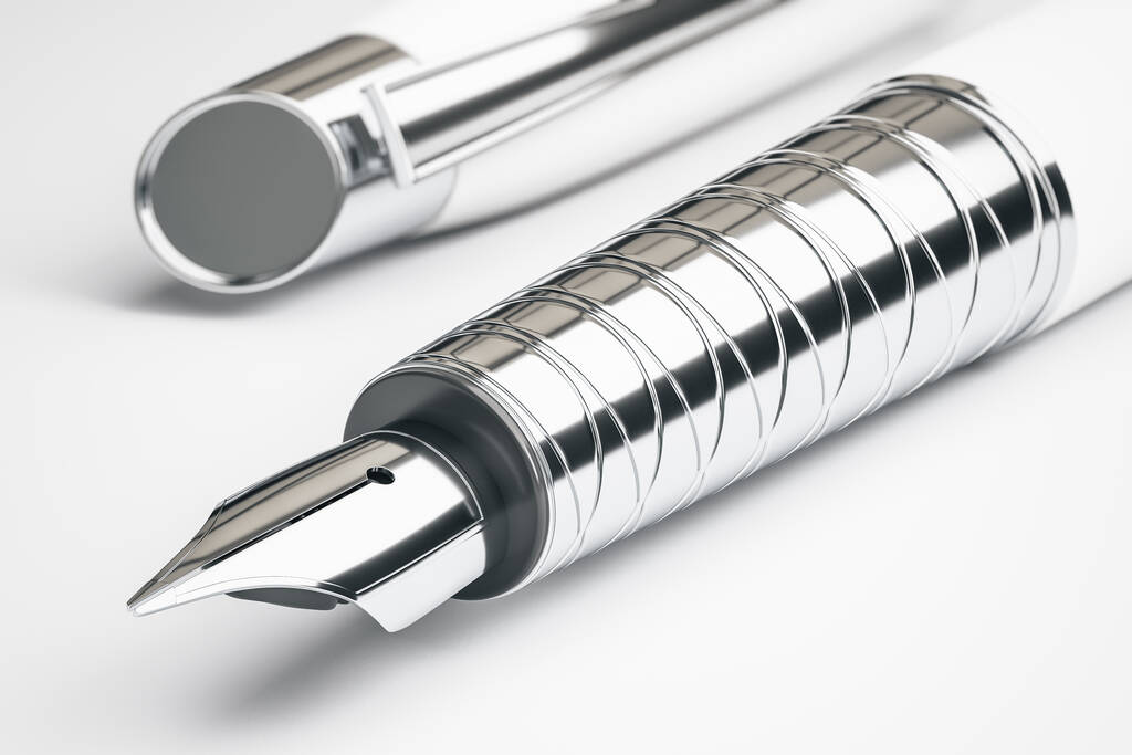 Close up of white fountain pen with cap. Art and business concept.  3D Rendering - Photo, Image
