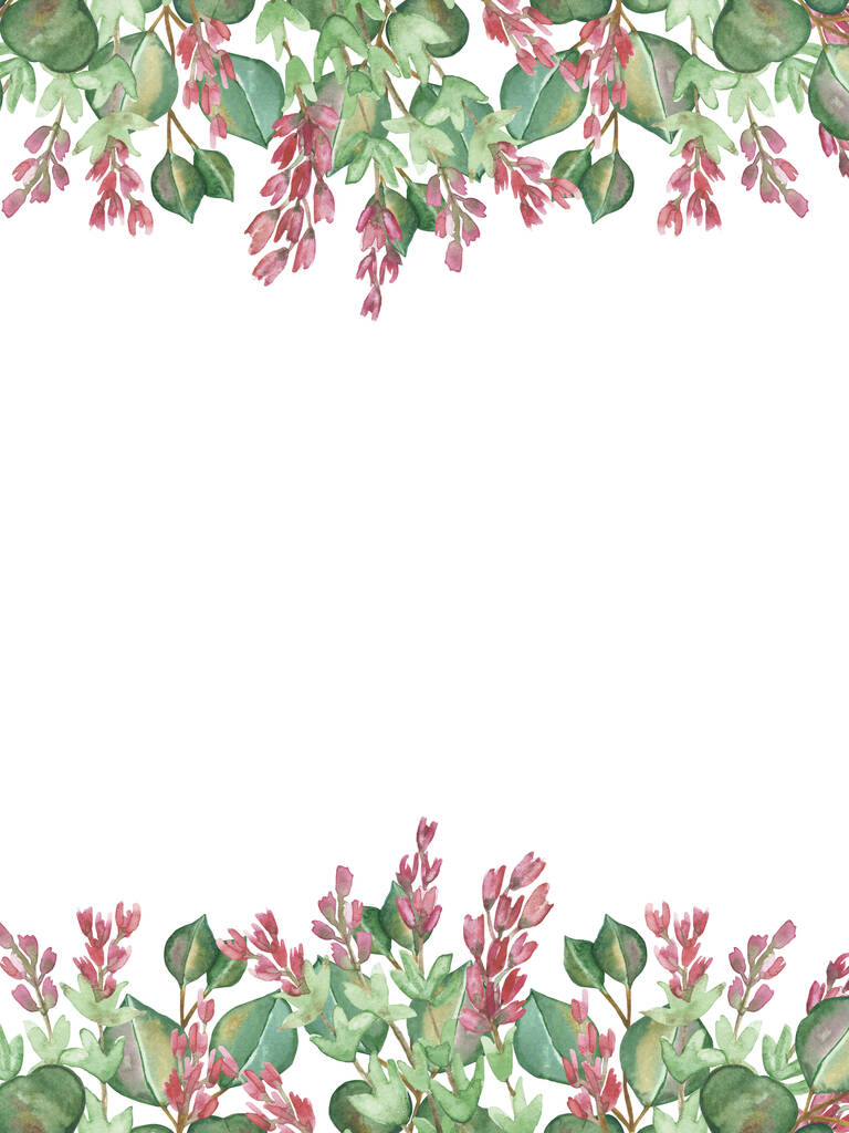 Aquarell handbemalt Natur Kräuterbanner Randrahmen mit rosa Blüten Heidekrautblüten und grünen Eukalyptuszweigen Strauß auf weißem Hintergrund für Einladungs- und Grußkarte - Foto, Bild