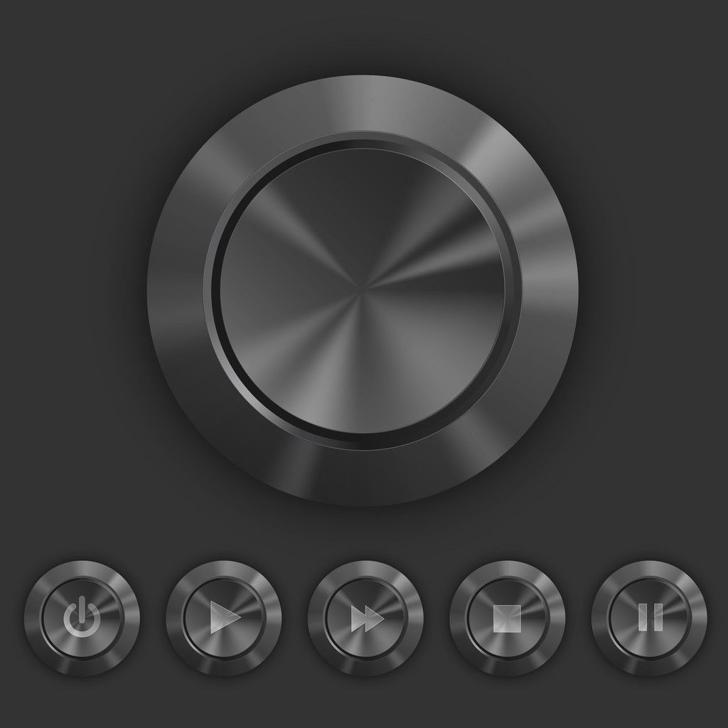 Botões escuros metálicos com ícones de jogo, pausa
 - Vetor, Imagem