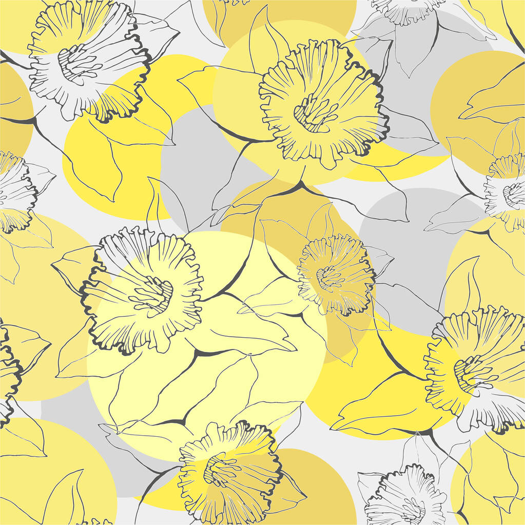 Patrón sin costuras de moda con flores de contorno con círculo iluminador amarillo. - Vector, imagen
