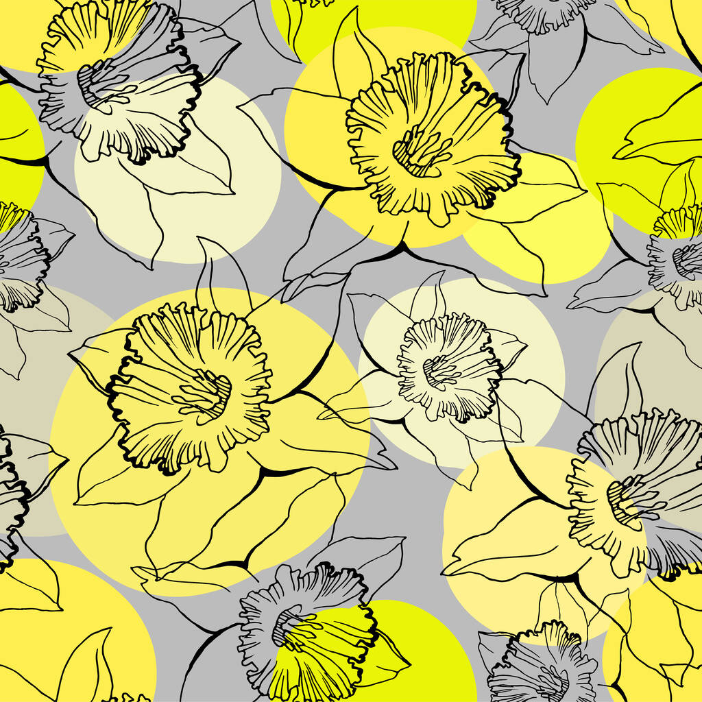 Trendy kleuren naadloos patroon met zwarte omtrek bloemen met cirkels op de achtergrond. - Vector, afbeelding