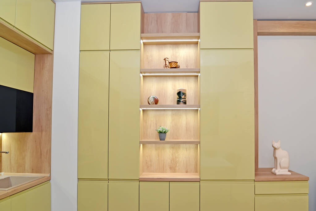 Meble szafy w pokoju studio w połączeniu z kuchnią. Nowoczesny minimalizm - Zdjęcie, obraz