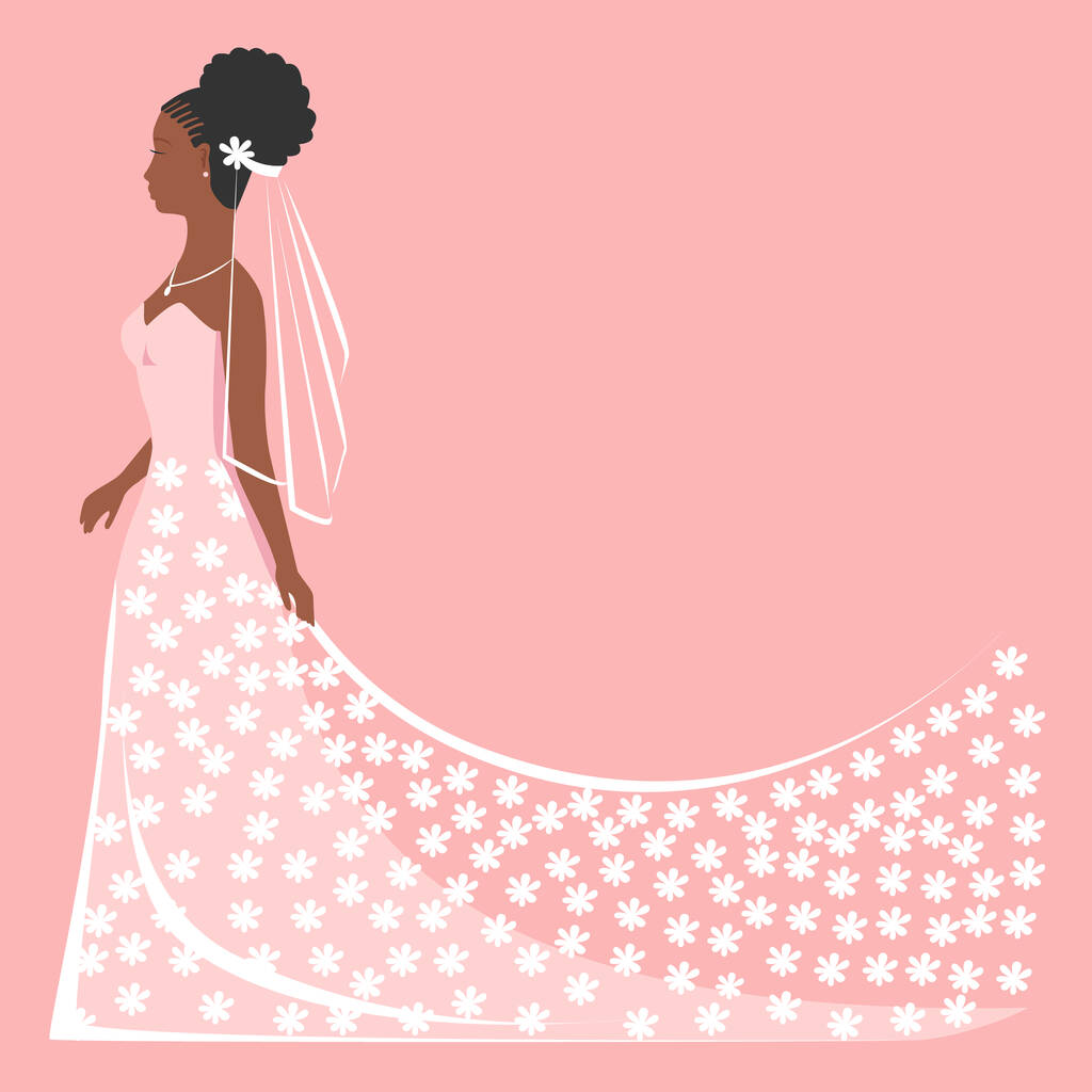 Schöne schwarze Braut mit Frisur in einem weißen Spitzenkleid mit Schleier Seitenansicht. Flacher Hintergrund Hochzeit Vektor Illustration. - Vektor, Bild