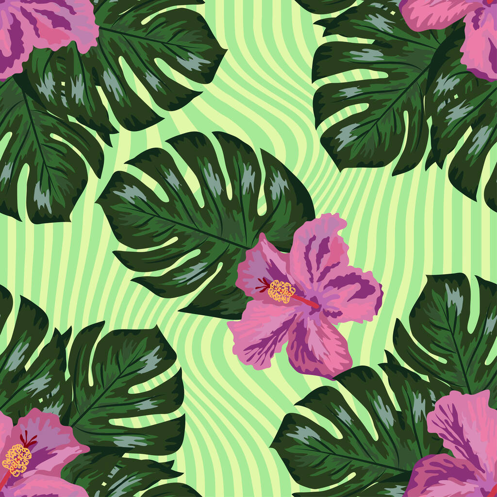 Тропические цветы и пальмовые листья на фоне. Бесшовный рисунок. - Вектор,изображение