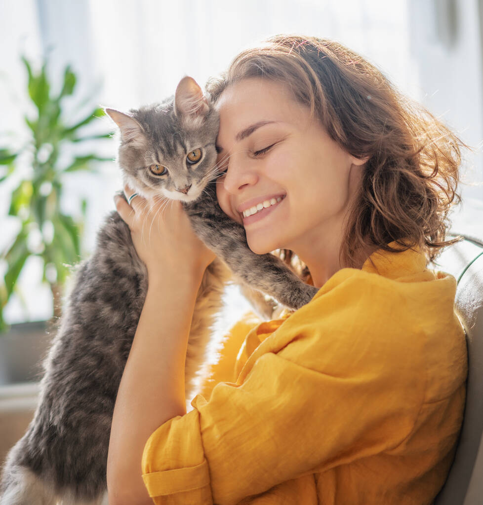 Close-up retrato de uma bela jovem alegre com um gato cinza bonito em seus braços em casa - Foto, Imagem