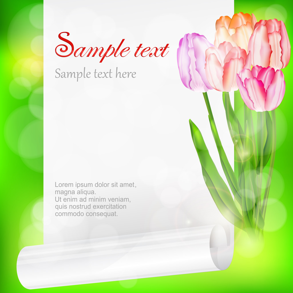 arkusz papieru i tulipany na zielono - Wektor, obraz