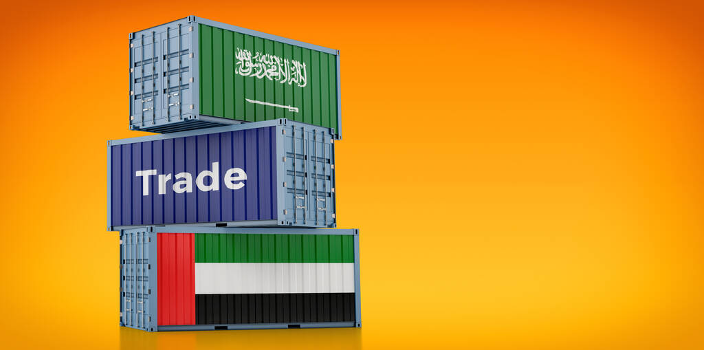 Frachtcontainer unter der Flagge Saudi Arabiens und der Vereinigten Arabischen Emirate. 3D-Rendering  - Foto, Bild