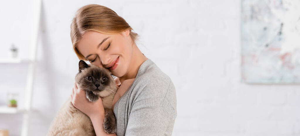 Cheerful woman with closed eyes embracing siamese cat, banner - Foto, immagini