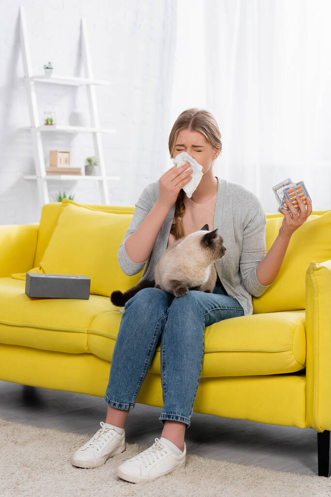 Woman with allergy sneezing while holding pills and siamese cat  - Photo, Image