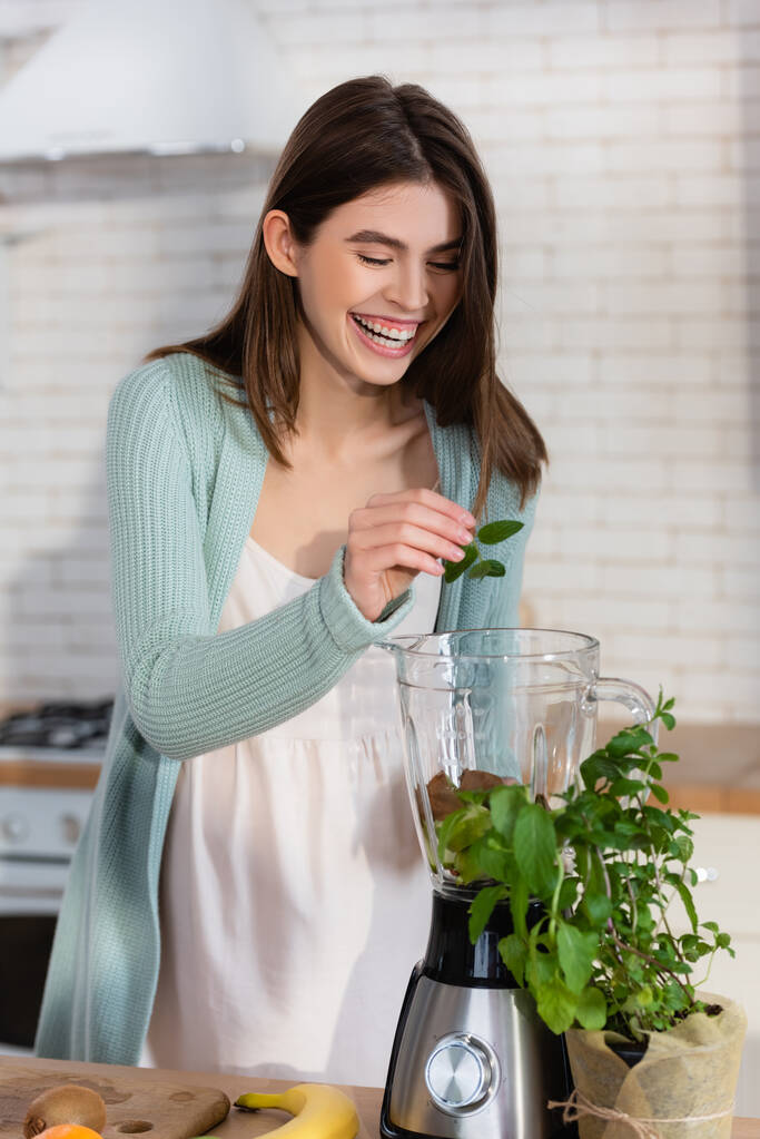 беременная женщина смеется, добавляя мятные листья в блендер - Фото, изображение