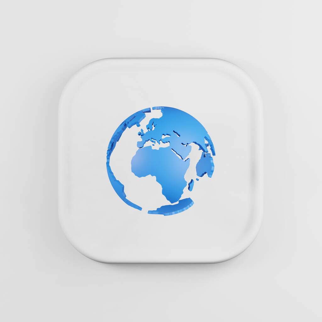 Icono del globo con el estilo de dibujos animados continentes. 3d renderizado blanco botón de tecla cuadrada, interfaz ui ux elemento - Foto, imagen