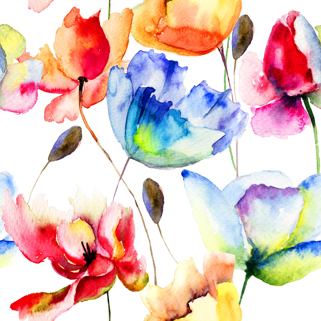 Fondo de pantalla sin costuras con flores de amapola y tulipanes
 - Foto, Imagen