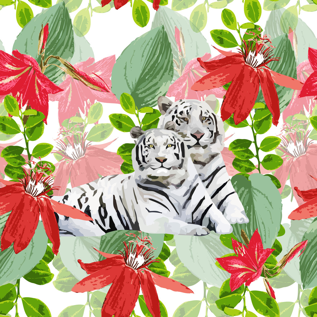 egy pár fehér tigrisek és virágok - Vektor, kép
