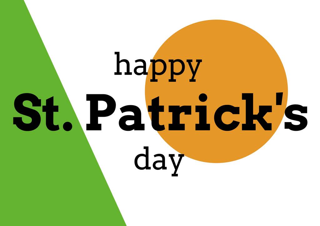 Χαρούμενη μέρα του Αγίου Πατρικίου πάνω από πορτοκαλί κύκλο και πράσινο τρίγωνο σε λευκό φόντο. εορταστική ιδέα για την ημέρα του Αγίου Πατρικίου ψηφιακά δημιουργημένη εικόνα. - Φωτογραφία, εικόνα