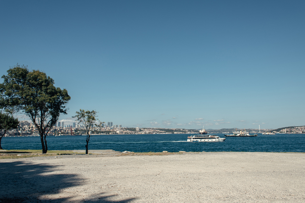 Trees on seafront and ships on water in Istanbul, Turkey  - Photo, Image