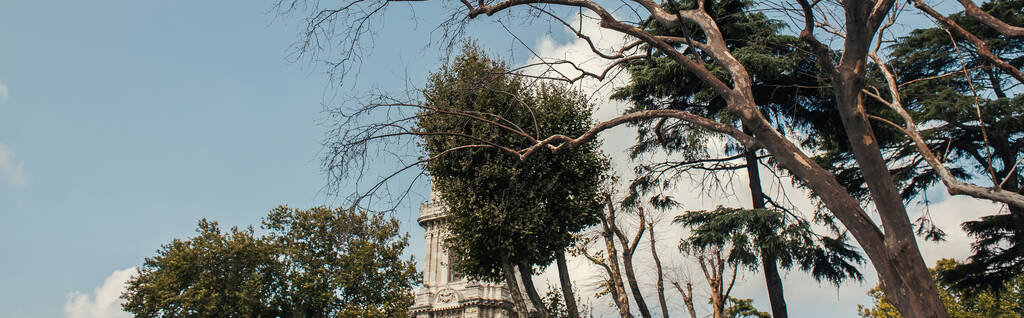 Fák közelében óratorony Dolmabahce palota Isztambulban, Törökország, zászló  - Fotó, kép