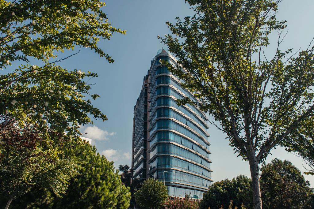 Edificio con fachada de vidrio cerca de árboles en la calle en Estambul, Turquía  - Foto, Imagen