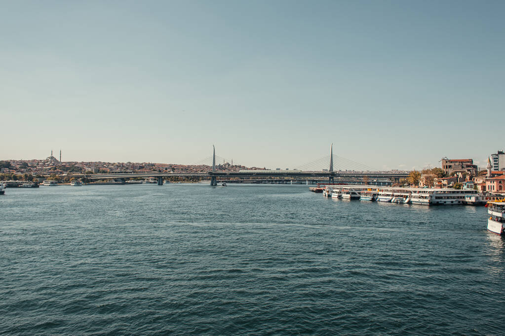 мост через пролив Босфор и пришвартованные суда в Стамбуле, Турция - Фото, изображение