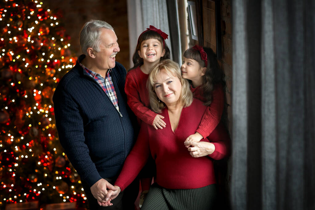 Isoäidit ja iloinen isoisä, jolla on pienet nauravat tyttärentyttäret kaksoset, juhlivat joulua joulukuusessa.. - Valokuva, kuva