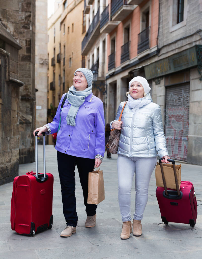 Mujeres mayores paseando con equipaje por la calle de la ciudad - Foto, Imagen