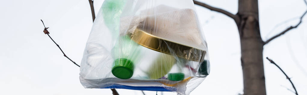 plastový sáček s odpadky na stromě, ekologická koncepce, banner - Fotografie, Obrázek