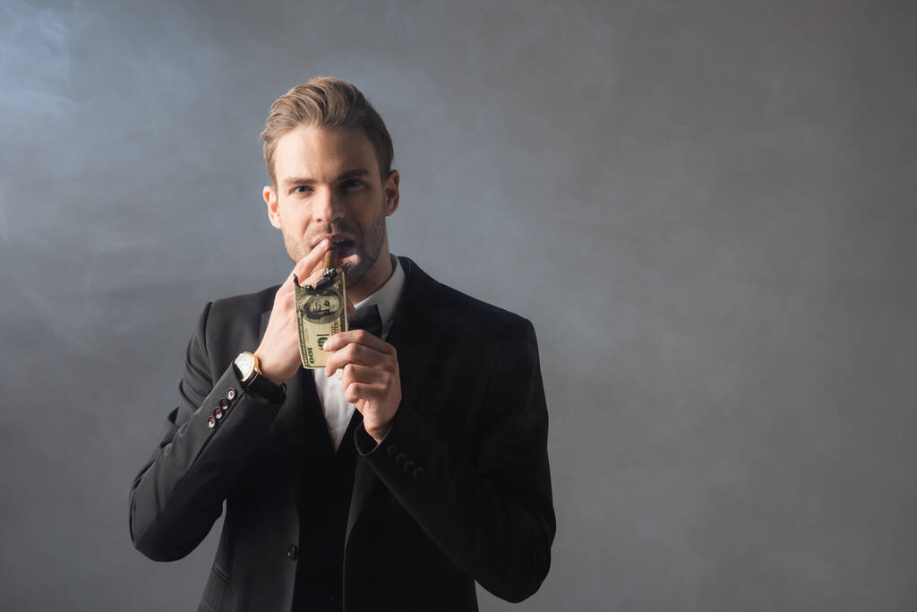 úspěšný podnikatel osvětlení doutník s hořící dolarové bankovky na šedém pozadí s kouřem - Fotografie, Obrázek