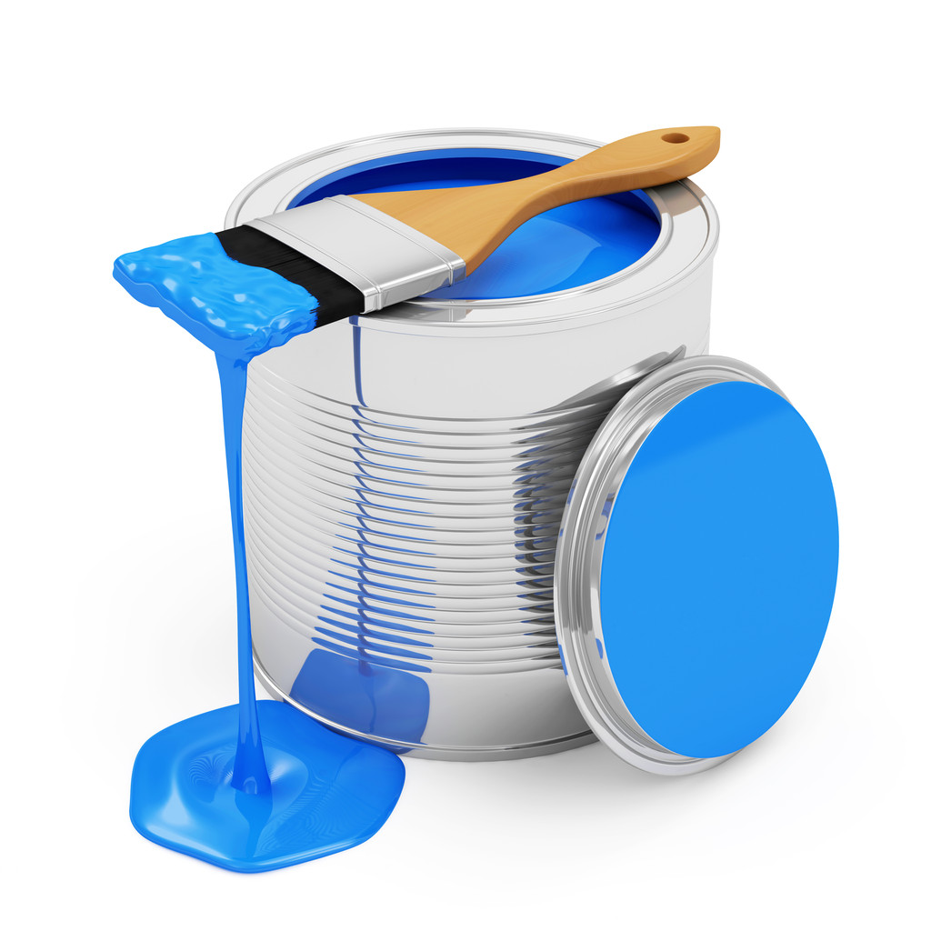 Pintura azul salpicando de una lata aislada
 - Foto, Imagen