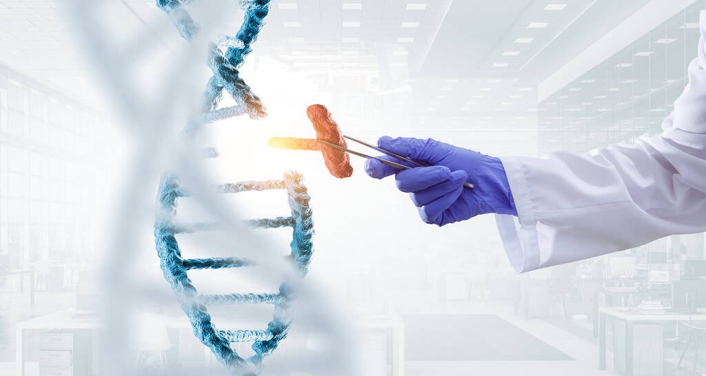 Σχεδιασμός μορίων DNA με τσιμπίδες χειρός γιατρού. Μεικτά μέσα - Φωτογραφία, εικόνα