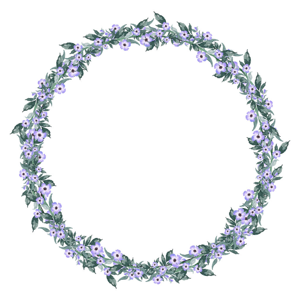 Урожай водяного кольору маленька фіолетова квітка і зелене листя вінцева рамка ілюстрація концепції прикраси квіткового мистецтва
 - Фото, зображення