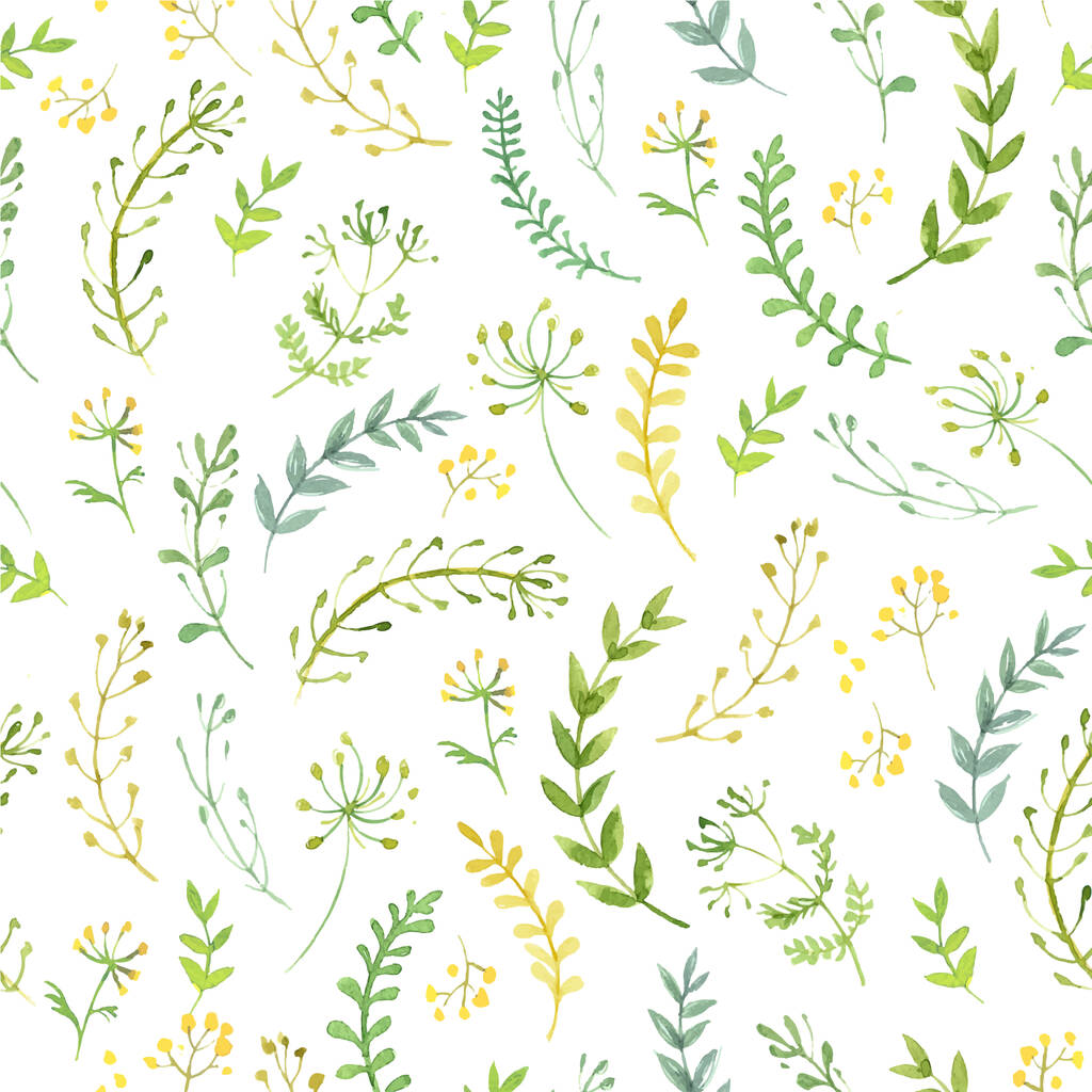 Μοτίβο από λουλούδια και χόρτα ζωγραφισμένα με ακουαρέλες σε λευκό φόντο. Πράσινα φύλλα και λουλούδια σε λευκό φόντο. - Διάνυσμα, εικόνα