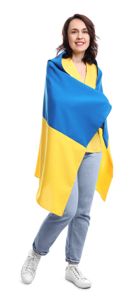 白い背景にウクライナの旗を持つ幸せな女性 - 写真・画像