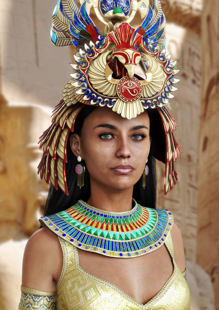 Close up portrait rendition of the beautiful Cleopatra the Egyptian ruler and Queen of Egypt wearing a magnificent headdress. 3d rendering - Photo, Image