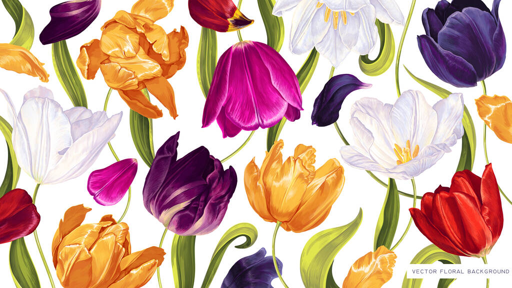 Fondo floreale primaverile con tulipani multicolori vettoriali. Piante realistiche disegnate a mano carta da parati per computer desktop, tablet, telefono, manifesti, banner pubblicitari, stub di social media, prodotto cosmetico - Vettoriali, immagini