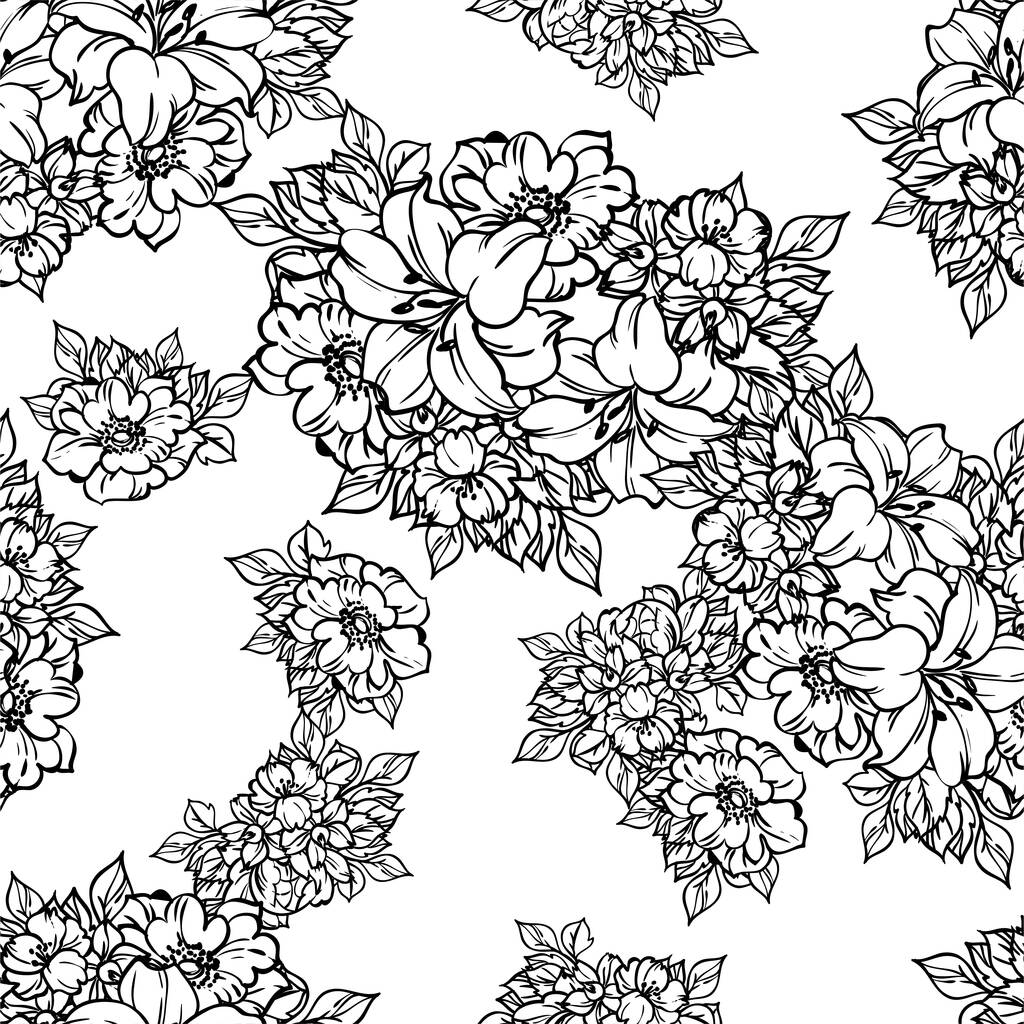 Vektornahtloses Muster mit schwarzen und weißen Blüten. Design für Textilien und Sammelalbum - Vektor, Bild