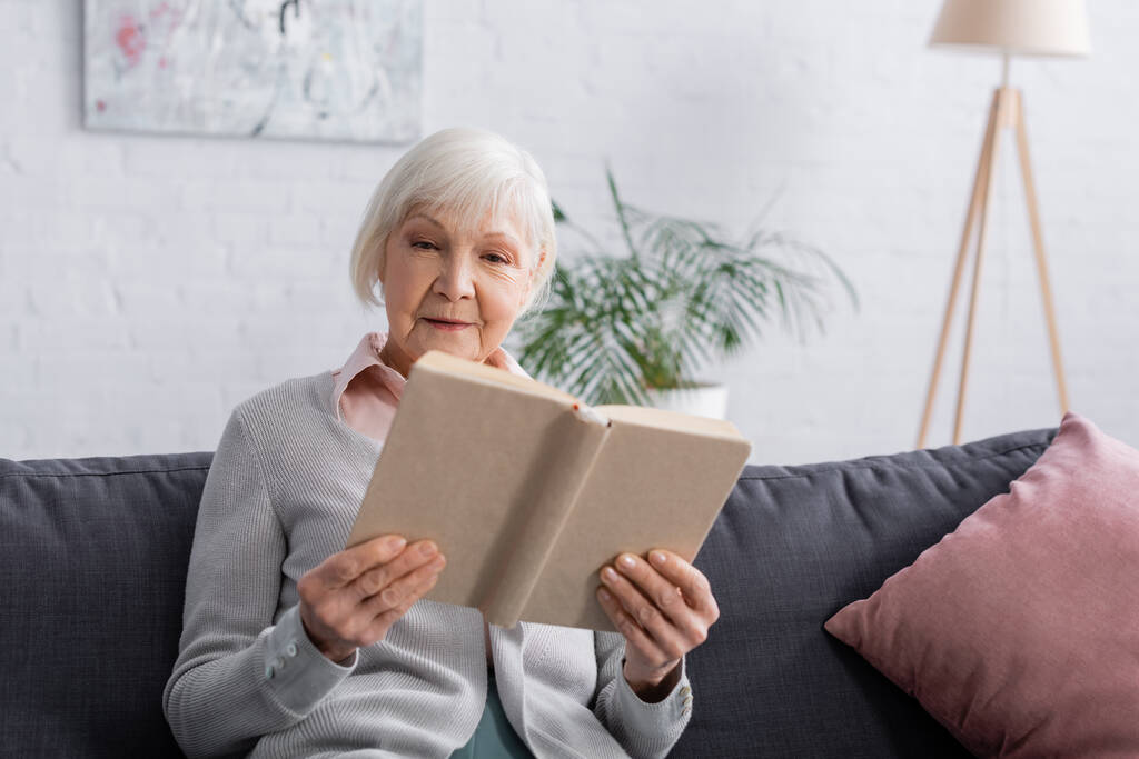 Rozmazaná kniha v rukou starší ženy na gauči  - Fotografie, Obrázek