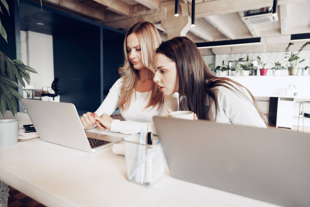 Deux jeunes collègues féminines discutent d'un projet d'entreprise ensemble au bureau - Photo, image