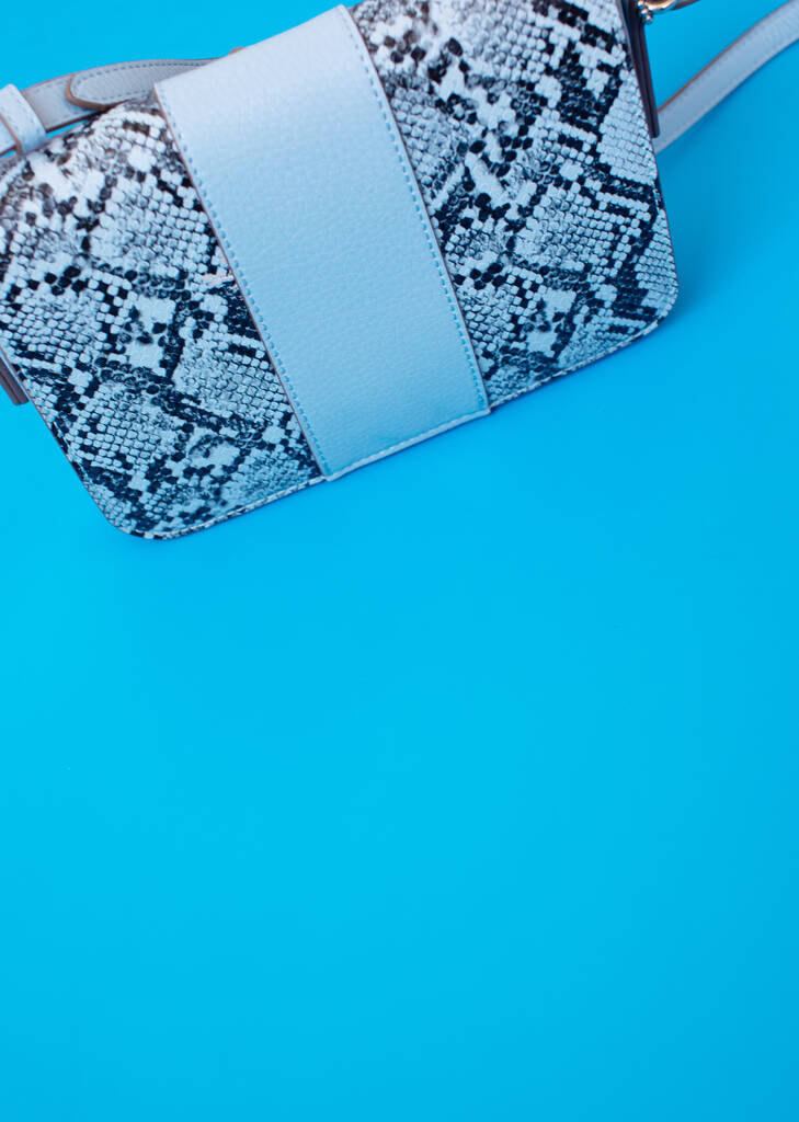 close-up vista de elegante bolsa de couro feminino no fundo azul - Foto, Imagem