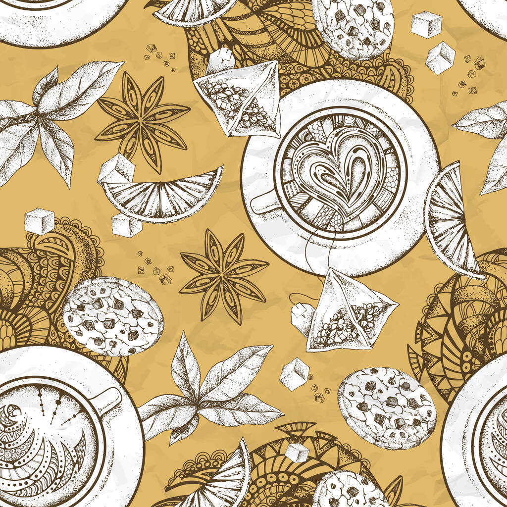 Бесшовный узор с чайными листьями, лимоном, чайными чашками, чайными пакетиками, печеньем, сахаром и звездным анисом - Вектор,изображение
