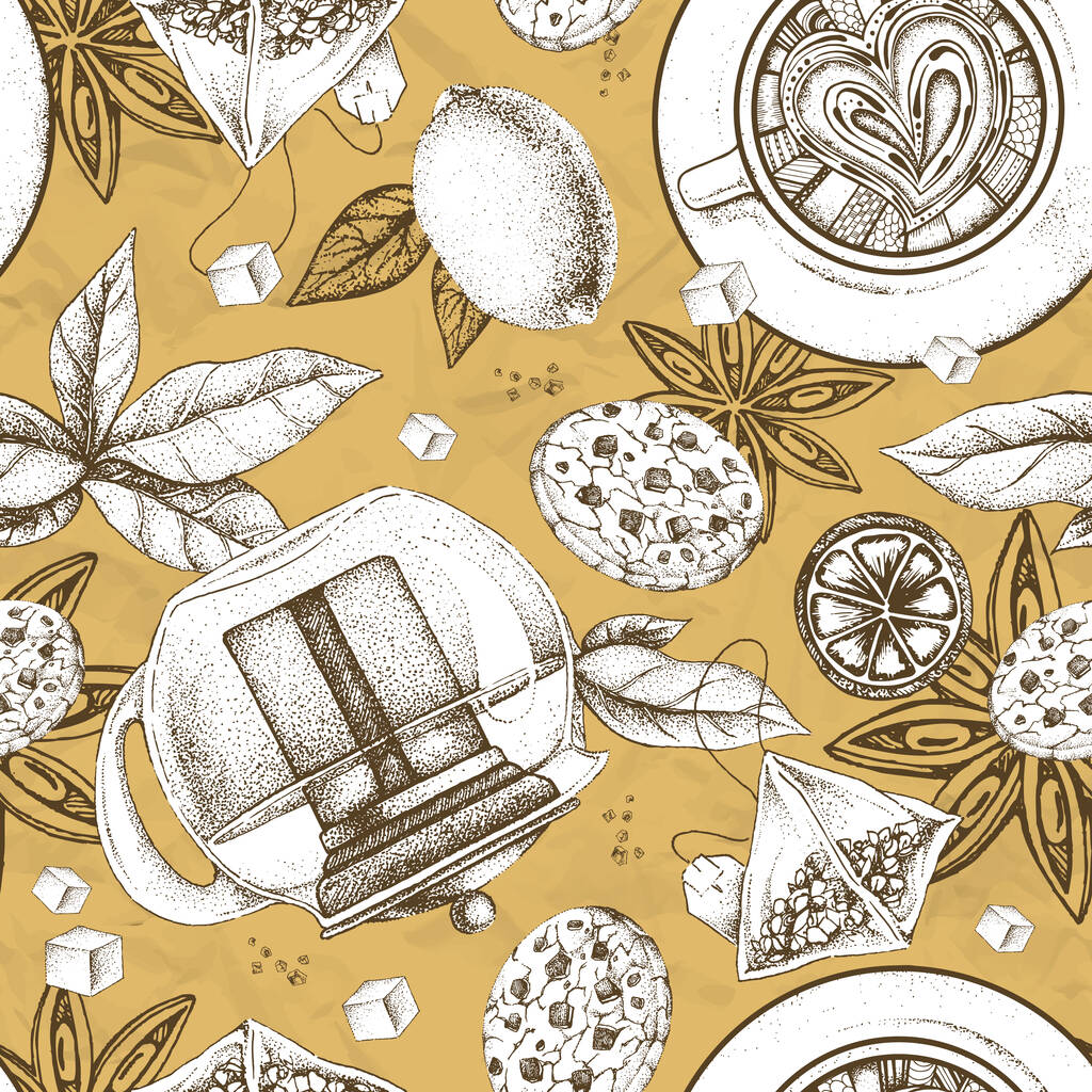Бесшовный узор с чайными листьями, чайниками, чайными чашками, чайными пакетиками, печеньем, сахаром и звездным анисом - Вектор,изображение