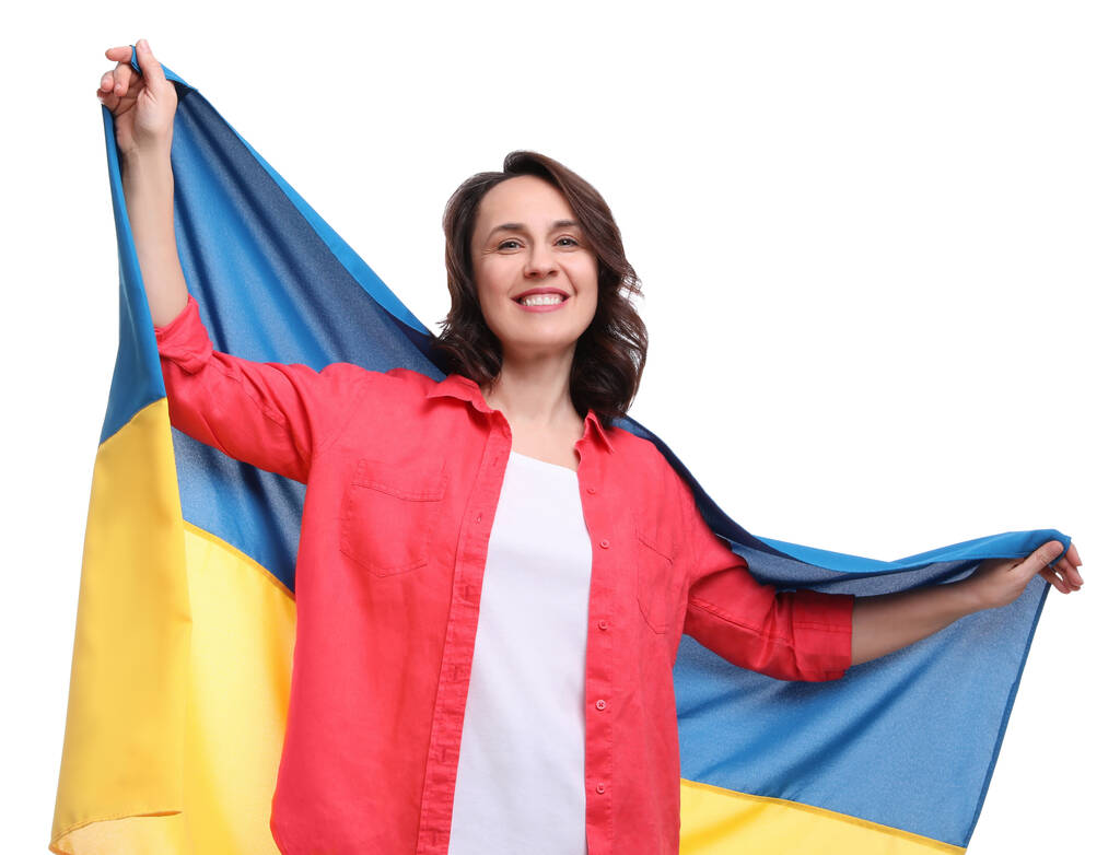 Glückliche Frau mit Fahne der Ukraine auf weißem Hintergrund - Foto, Bild