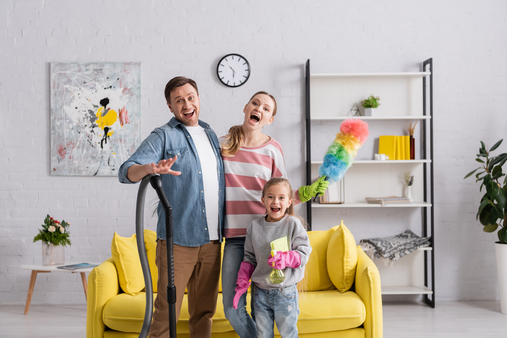 Vzrušená rodina při pohledu na kameru během domácích prací  - Fotografie, Obrázek