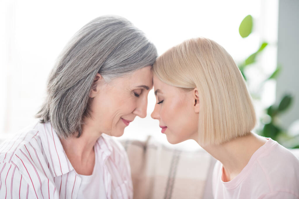 Foto von ruhigen ruhigen alten Frau und junge Dame berühren Stirn Familienpflege Vertrauen in Innenräumen Haus zu Hause - Foto, Bild