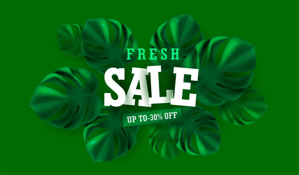 Banner web para redes sociales con hojas tropicales 3D modernas en color verde sobre fondo verde brillante con letras de papel cortado y descuentos venta fresca - Vector, imagen