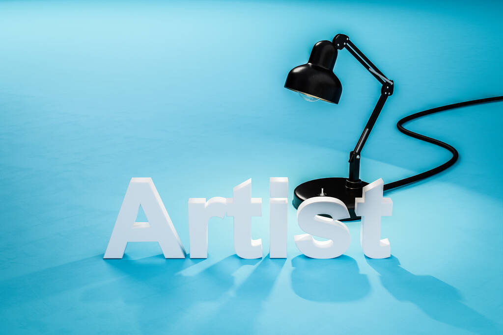 schwarze Industrie Schreibtischlampe auf tealfarbener Oberfläche mit Schriftzug Künstler; Konzept 3D Designer; 3D Illustration - Foto, Bild