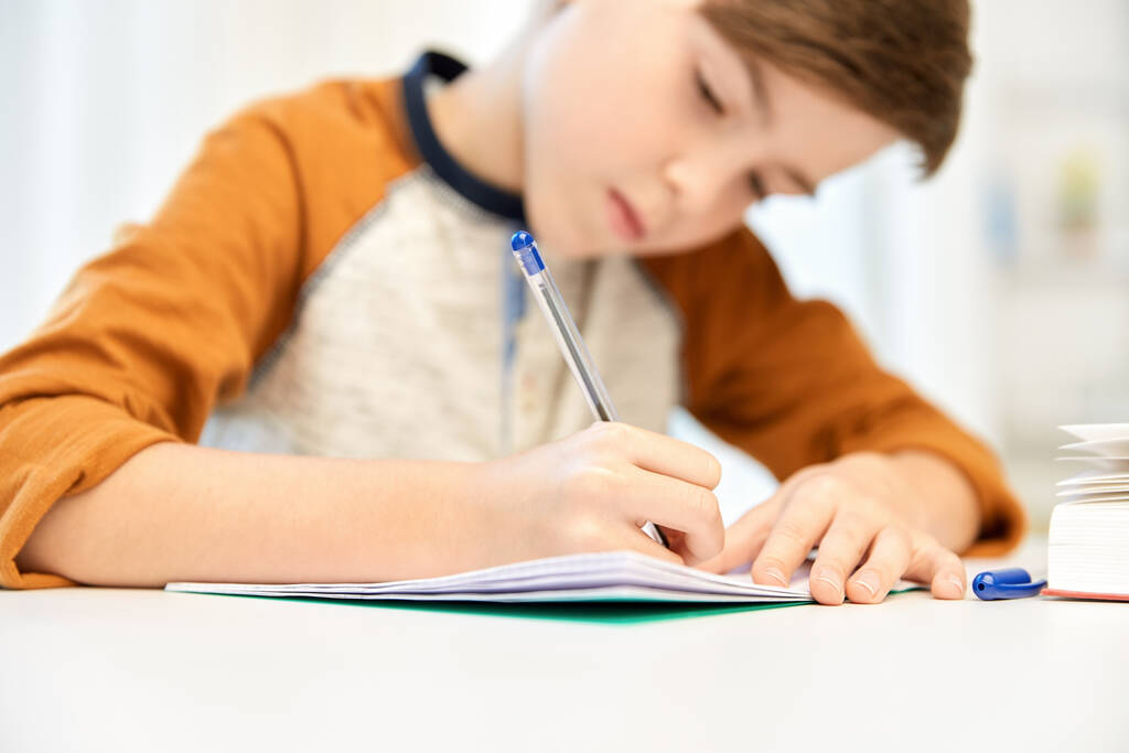 студентський хлопчик з книжковим написанням на блокноті вдома
 - Фото, зображення