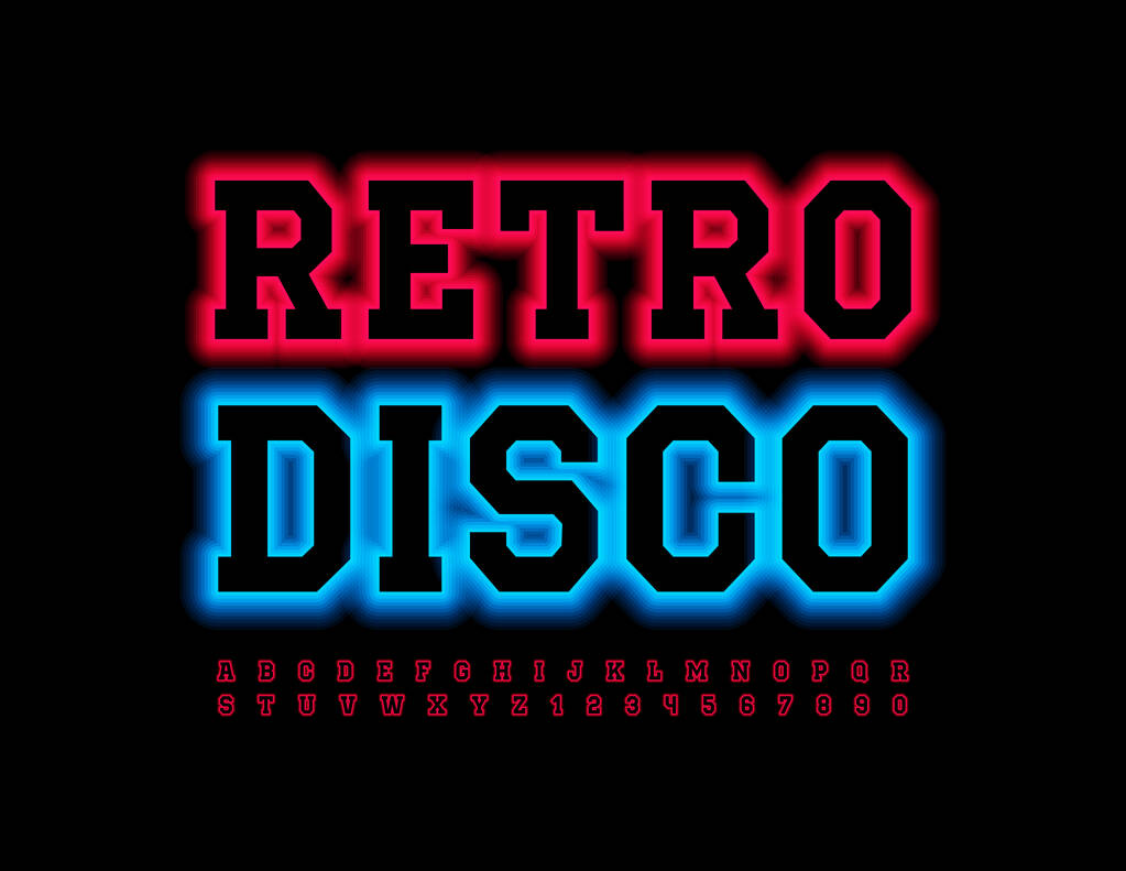 Volantino evento vettoriale Retro Disco con Font illuminato. Set di lettere e numeri dell'alfabeto rosso brillante - Vettoriali, immagini