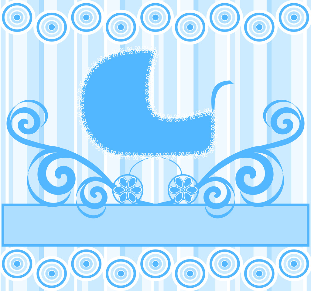 Illustration vectorielle d'une jolie poussette pour bébé garçon sur fond rayé bleu
 - Vecteur, image
