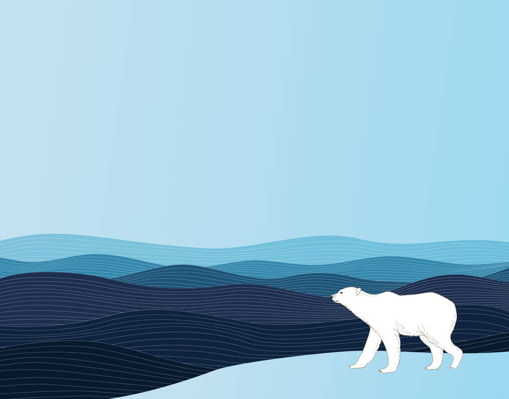 IJsbeer staat op ijs bij de oceaan. Abstracte golvende blauwe achtergrond met wild pooldier. Geometrische zee illustratie in oosterse stijl. Behang in vintage stijl - Vector, afbeelding