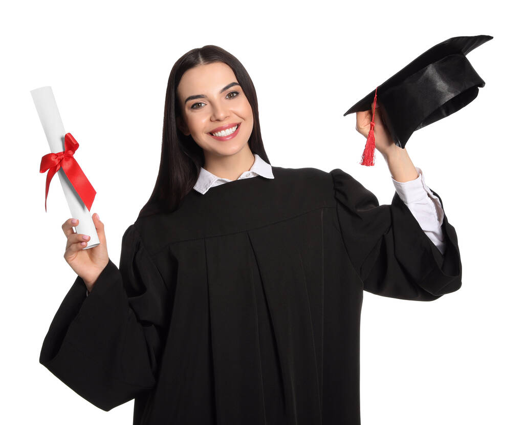 幸せな学生とともに卒業帽子と卒業証書上の白い背景 - 写真・画像